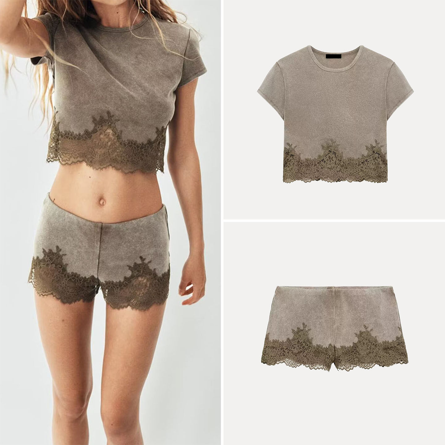 Wash Effect Set - Damski krótki top z falbanką na